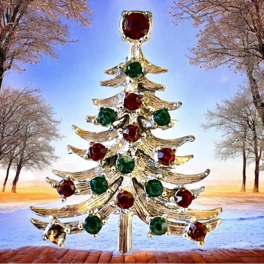 MYLU Vintage Christmas Tree Pin Brooch SilverTone Red & Green Rhinestones